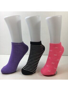 Womens Colorful Low Cut Ankle Socks 3-Pack Striped Bows Pink Purple Black